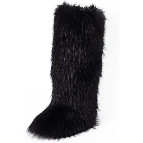 ZSGYCHCY Women's Faux Fur Boots Winter Fluffy Warm Furry Flat Shoes Snow Knee-High Boots