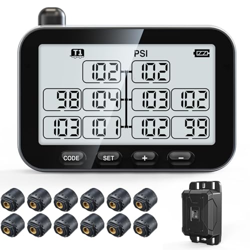 GUTA Trailer Tire Pressure Monitoring System, RV TPMS with 12 Sensors, 6 Alert Modes, Signal Booster, Power Saving Display, Long Sensing Distance, for 3 Trailers (T1/T2/T3), for Camper, Motor Homes