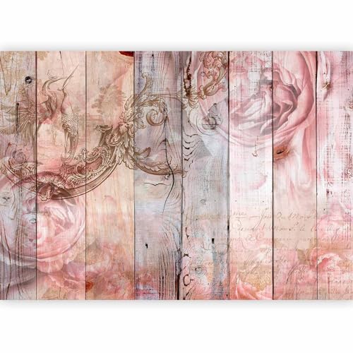 artgeist Wall Mural Faux Wood 135x101 in - Peel and Stick Self-Adhesive Wallpaper Removable Large Sticker Foil Wall Decor Print Picture Image Design Nature Botanics Flowers Roses f-A-0909-a-a