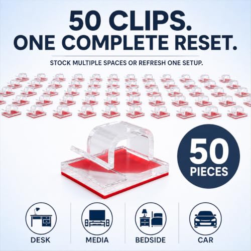50 unidades de clips adhesivos transparentes para cables – organizador invisible de cables y sujetacables para escritorio de vidrio, pared y hogar miniatura 7