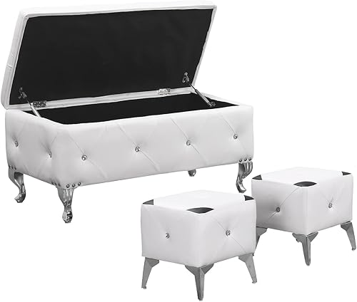 Miniatura 12 de DRM'SCUUM Juego de banco otomano de almacenamiento grande de terciopelo, taburetes para sala de estar, dormitorio, con 2 otomanas tapizadas, color