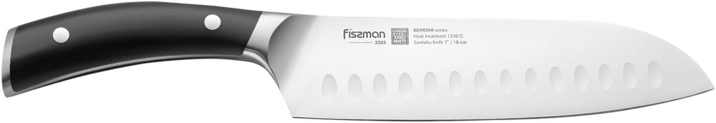 FISSMANKnife Koyoshi Non-Stick Santoku Knife (7 Inch) - Stainless Steel Knife Black/Silver