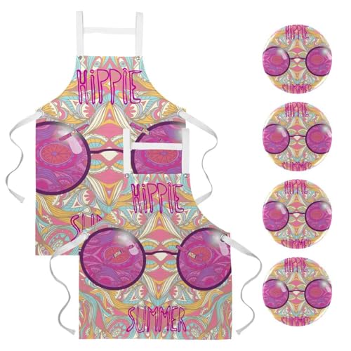 Lot de 2 tabliers de cuisine avec 4 broches motif hippie d'été