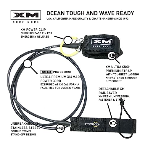 Image of Big Wave 7ft Surfboard Leash with Power Clip Quick Release Upgrade, Cord Thickness (.313in), Key Pocket, Unbreakable Swivels, Detachable Railsaver, Made in USA