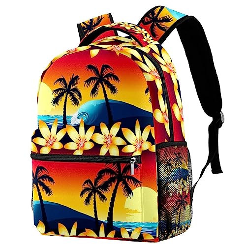 Sac à dos classique léger motif hibiscus et palmier pour femme et ado de 29.4x20x40cm