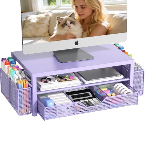Image of OPNICE Desk Organizers and Accessories, Computer Monitor Stand Riser with Drawer and 2 Pen Holders, Printer & Laptop Stand, Office Desk Accessories & Workspace Organizers for Home Office Supplies, Metal Purple