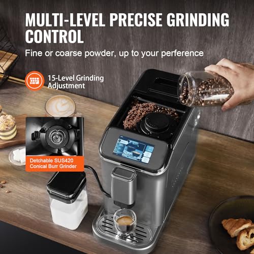 Image of VEVOR Automatic Espresso Machine, Espresso Maker with Automatic Milk Frother, Cappuccino Latte Machine 20 Bar with TFT Touch Screen, Grinder, 15 Grind Levels, Home Office