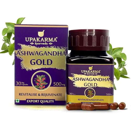 Image of Upakarma Ashwagandha Gold 30 Capsules | Contains Gold | Ashwagandha Root Extract, Brahmi, Shigru and Other Action Herbs | Helps in Stress & Sleep Management (Pack of 1)