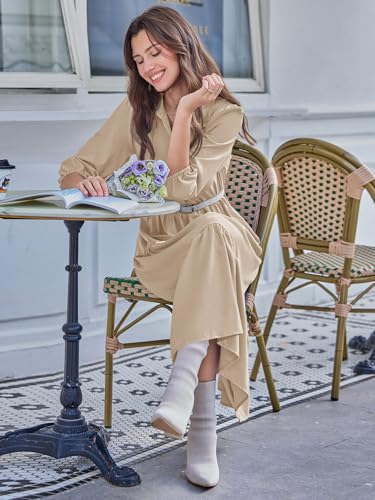 Image of Wenrine Womens Casual 3 /4 Sleeve Shirt Dress Button Down V Neck Tiered Collared Flowy Maxi Dress