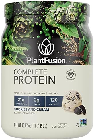PlantFusion Complete Vegan Protein Powder - Plant Based Protein Powder With BCAAs, Digestive Enzymes and Pea Protein - Keto, Gluten Free, Soy Free, Non-Dairy, No Sugar, Non-GMO - Cookies & Cream 1 lb