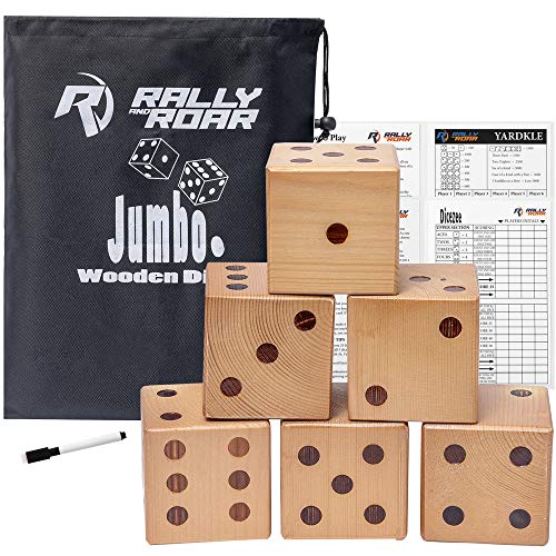 Rally and Roar Giant Backyard Varnished Wood Dice Set - Six 2.5" Dice, Scorekeeper and Carry Bag