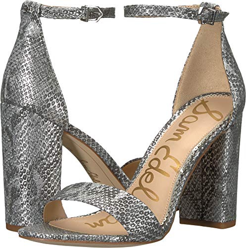 Image of Sam Edelman Yaro Block Heeled Ankle Strap Two Piece Sandals Silver Snake Pumps (SILVER, 7.5)