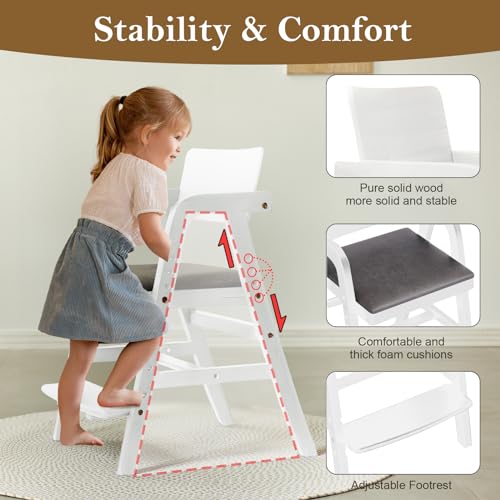 Image of Solid Wood High Chair for Toddlers to Teens, Adjustable Height Toddler Dining Chair, Easy to Clean Toddler Highchair with Removable Soft Cushion for Dining, Studying, Step Stool, White