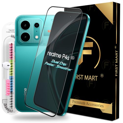 Image of FIRST MART Tempered Glass for Realme P4s 5G, 9H 0.3 mm Full-Glue Screen Protector with Cable Protector, 3D Edge-to-Edge, HD Clear, Case-Friendly, Black, Pack of 1