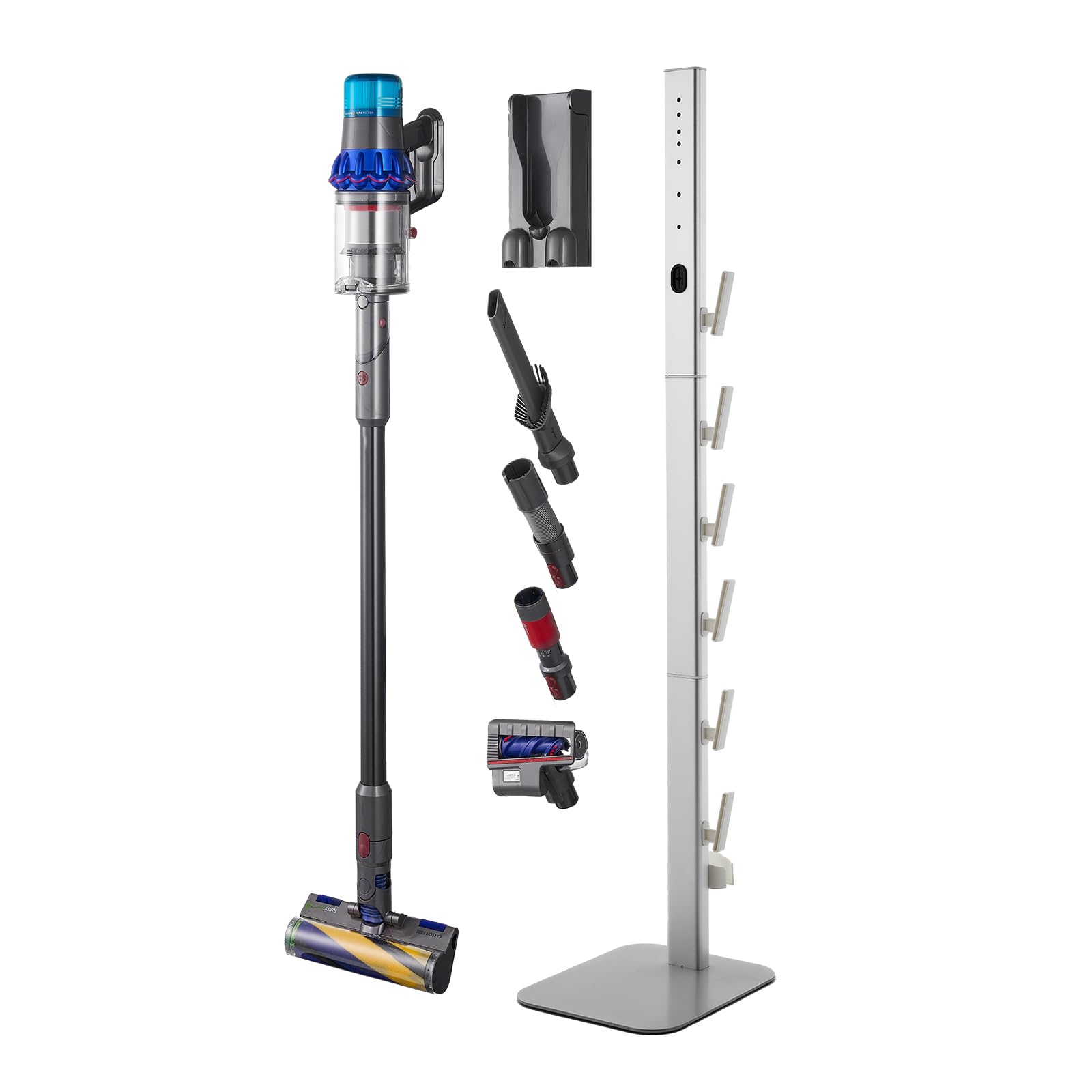 VEVOR Support d'Aspirateur pour Dyson G5, V15, V12, V11, V10, V8, V7, V6, Porte-aspirateur Vertical Rangement Stable avec Accessoires, 6 Crochets et Patins Antidérapants, pour Espaces Restreints, Gris