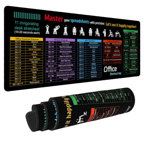 Raccourcis clavier Word Excel sur grand tapis de souris PC de jeu et sous-main antidérapant XL