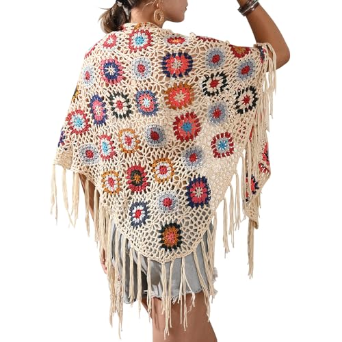 SMDPPWDBB Handmade Crochet Fringed Poncho Cape Shawls Wraps Granny Square Womens Coat Sweater