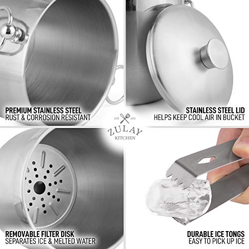 Zulay 3 Liter Double-Wall Insulated Ice Bucket For Cocktail Bar - Ice Buckets For Parties, Outdoor & Indoor - Stainless Steel Ice Bucket With Lid, Strainer & Tongs Included #TOP3