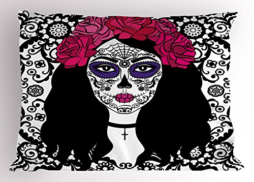 Ambesonne Sugar Skull Pillow Sham, Dia De Los Muertos Themed Traditional Art Print Colorful Lady Art Print, Decorative Standard Size Printed Pillowcase, 36