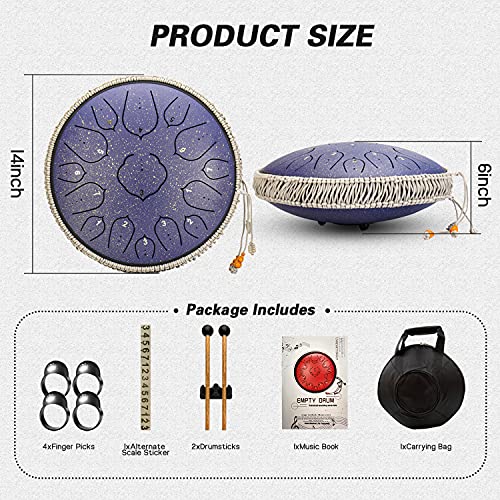 Steel Tongue Drum, 15 Notes 14 Inch D-Key Handpan Percussion Instrument - Tank Chakra Drums With Padded Travel Bag, 2 Mallets, For Meditation, Decompression, Music And Gift (Blue) #TOP1