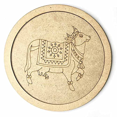 Image of Adikala MDF Pichwai Cow Left Side Face Engraved Design Wall Plate Base With Frame Cutout for DIY Craft-Set Of 2