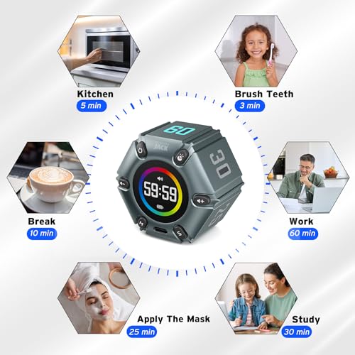 Image of Printers Jack Timer, Visual Pomodoro Timer, Productivity Cube Mute & Vibration & Adjustable Sound Alert, for Office, ADHD, Study, Work, 3 /5 /10 /25 /30 /60min & Custom Countdown - Iron Gray