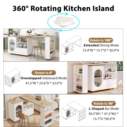 HSH 72.4” Rolling Kitchen Island with Swivel Table, Storage Cabinet, Drawers & Shelves, White Modern Mobile Island Cart on Wheels, Farmhouse Wood Island Table for Kitchen, Dining Room, Home Bar
