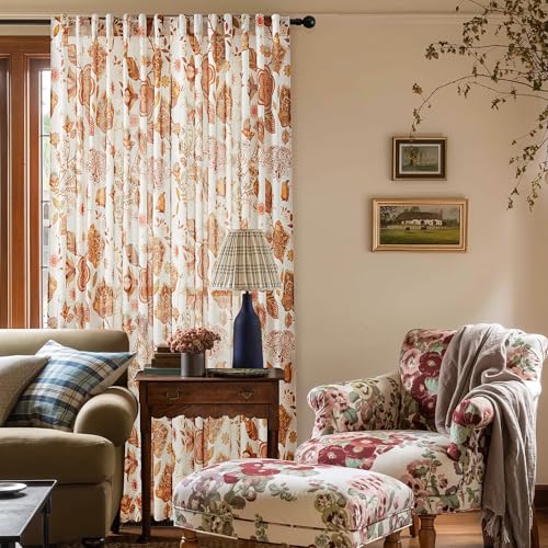 Image of Terracotta Floral Linen Curtains for Living Room Dining 96 Inches Long 2 Panels Back Tab Vintage Farmhouse Flower Pattern Window Drapes Semi Sheer Light Filtering Bedroom Burnt Orange Autumn Fall