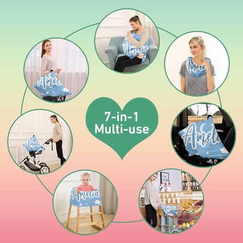 Image of Custom Car Seat Covers for Babies - Breathable Baby Car Seat Cover for Girls Boys, Kick-Proof Newborn Carrier Light Blue Star Canopy Stretchy Stroller Cover for 4 Seasons
