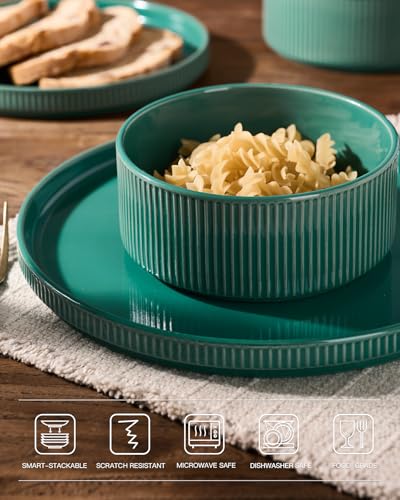 Image of Famiware Stoneware Dinnerware Set with Pasta Bowls, Sage Green Dishes for 6 | 24-Piece Ceramic Double Bowls & Flat Plates, Chip & Scratch Resistant, Microwave & Dishwasher Safe, Everyday Dining, Modern