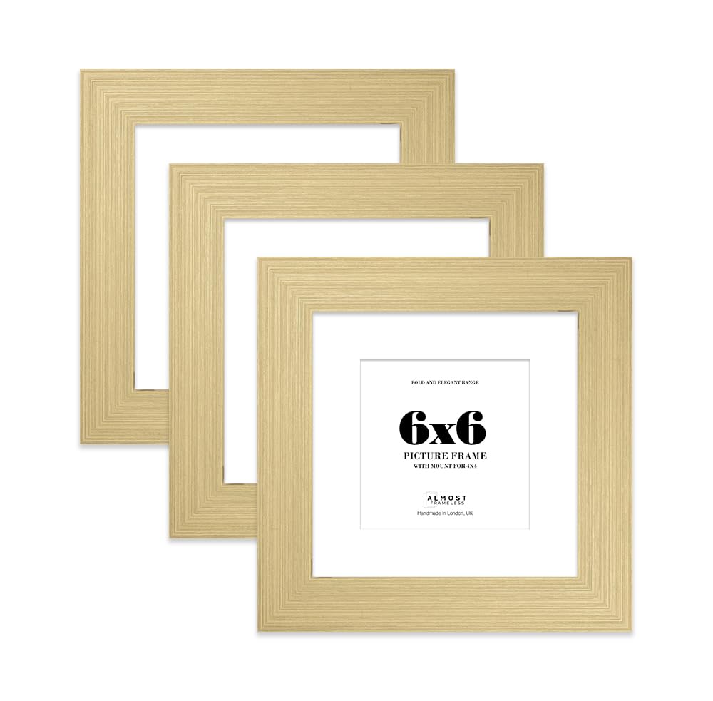 6x6" Gold Square Frame With Mount for 4x4" Pictures 28mm Edge Frame Display with Wall Hooks and Kickstand, 3 Pack