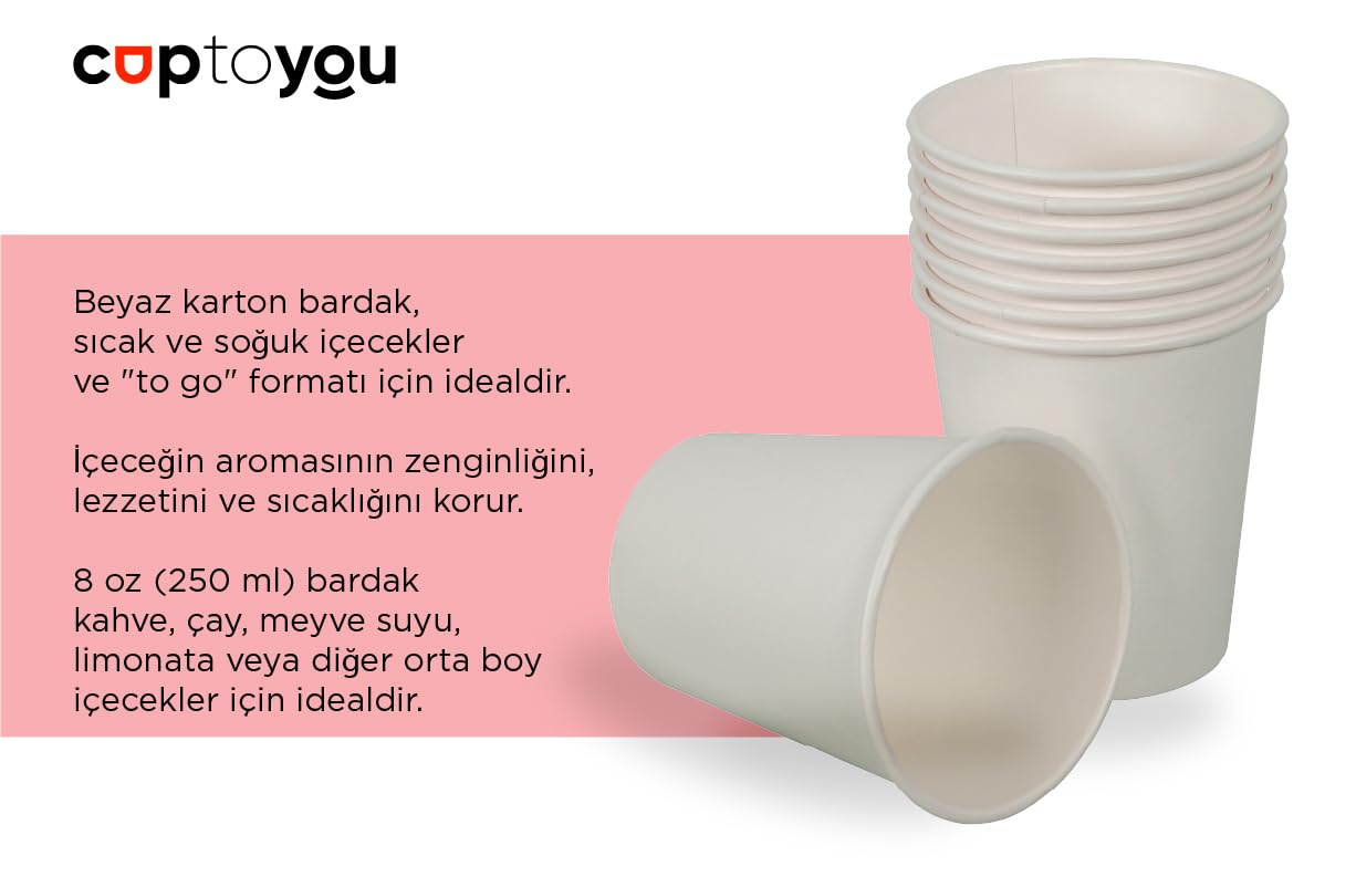 CUPTOYOU 75 adet tek kullanımlık karton bardak 8 oz 250 ml, beyaz sıcak bardaklar, kağıt meyve suyu bardağı, parti karton bardakları