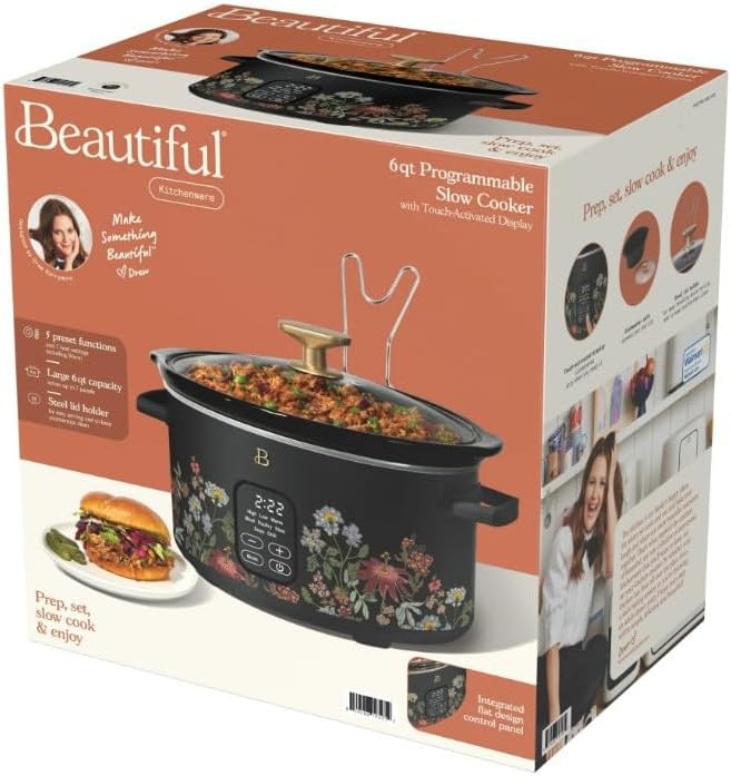 Beautiful 6~Quart Programmable Slow Cooker, Wildflower Black~Sesame by Drew Barrymore,Touch-activated display,Dishwasher Safe Removable Ceramic Pot And Tempered Glass Lid.