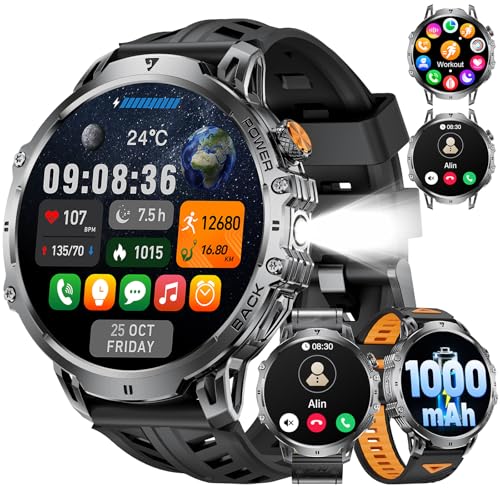Military Smart Watch for Men, 1.85' HD Large Screen, Bluetooth Call/1000mAh/Flashlight/Heart Rate Sleep Monitor, 110+ Sports Modes Fitness Tracker Watch for Android iOS, Holiday, 3 Straps, Black