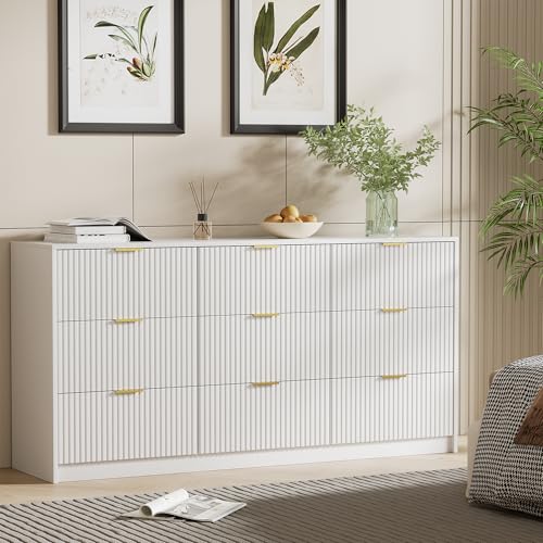 Image of Furniway 3 Piece Bedroom Set, 9 Drawer Dresser and Nightstand Set of 2 with Gold Handles, Modern Wood Chest of Drawers Storage Cabinet for Bedroom, White