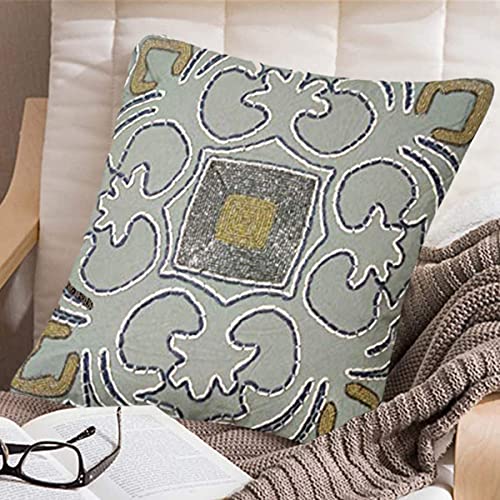 Image of SAJAVAT HOME CC53 Cotton Floral Hand Work Embroidery Cushion Cover (Pack of 1) 18x18 INCHES / 45x45 cm Multicolor (Sage Green, Cotton)