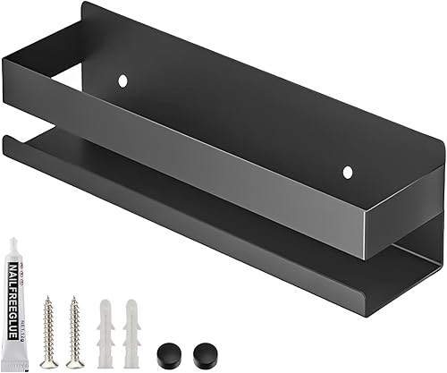 Estantes flotantes montados en la pared, estante de baño de acero inoxidable inoxidable, estante de especias de cocina sin clavos negro, organizador