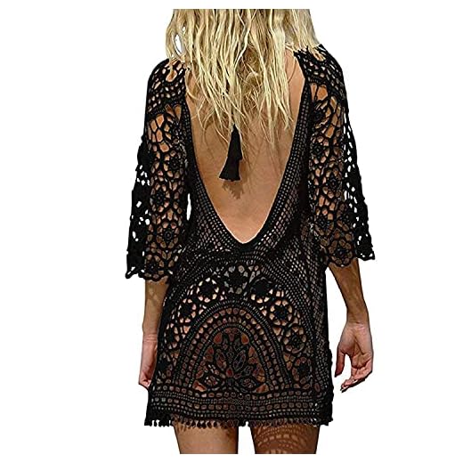 TBSCWYF Damen Boho Rückenfrei Spitze Bikini Cover Up Strandkleid Sommerkleid Damen Gestrickte Strandkleid Sommer Strandponcho Strandurlaub Badeanzug Bikini Cover-Ups Sommerkleid (Schwarz)