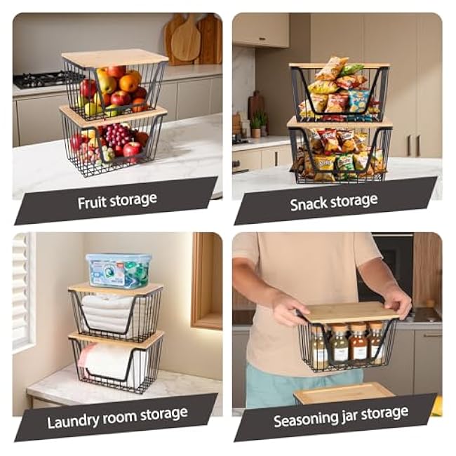 2 Pack Storage Stackable with Bamboo Top for Kitchen Laundry Room Organizers, Large Trash Bag Holder and Garbage Bag Dispenser