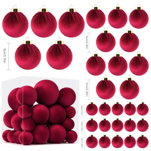 Velvet Christmas Ball Ornaments - 30pcs Flocked Christmas Ornaments Set Shatterproof Classic Hanging Xmas Tree Decorations with Rope for Wreath Holiday Home Decor (Burgundy) - image 2