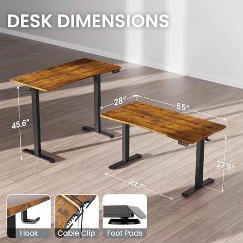 Image of Veken 55 x 28 Inch Electric Standing Desk with Adjustable Height, Sit to Stand Computer Table for Study, Work or Gaming, Home Office Desk Brown
