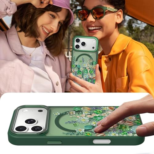 Image of Magnetic for iPhone 17 Pro Max Case for Women Girls, Green Floral | Pretty Oil Painting Flower Pattern Design [Compatible with MagSafe] Shockproof Slim Translucent Matte Non-Slip Cover