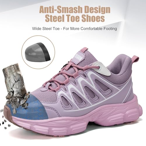 Image of Hogent Steel Toe Shoes for Women Men Wide Non Slip Work Sneakers Indestructible Shoes Lightweight Breathable Construction Sneakers Puncture Proof Ergonomic Design