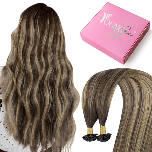 Image of YoungSee K Tip Hair Extensions Real Human Hair Dark Brown Ombre Blonde with Brown Balayage K Tip Hair Extensions Real Human Hair 20In Keratin Hair Extensions Brown Pre Bonded Hair Extensions 50S /50G