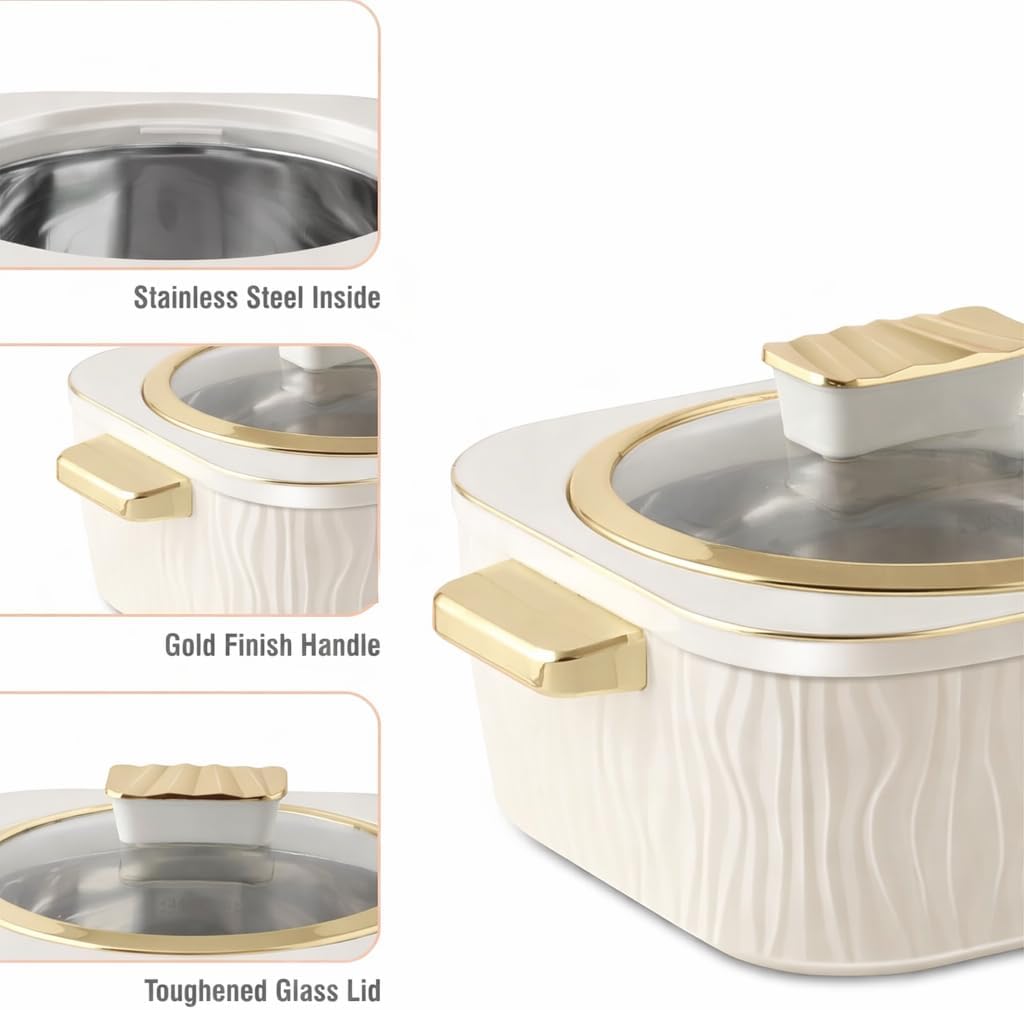 Crinkle Klass Inner Stainless Steel Casserole Set of 3(1000+1500+2000) ml PUF Insulated Gold Finish Handle Lockable Lid BPA Free Hot Box for Kitchen Roti Box Hot Pot Serving Casserole,White