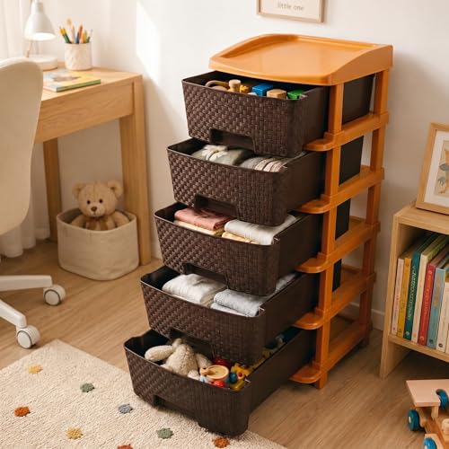 Image of PrettyKrafts 5-Tier Plastic Storage Drawer Organizer | Modular Chest of Drawers & Toy Storage Box for Kids Room, Home, Kitchen & Office | Multipurpose Cabinet Unit (Brown, 36x39x77 cm)
