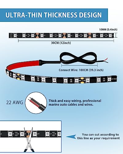 Car Led Strip Lights 12" Connectable Blue Led Light Strips For Cars Motorcycle Golf Cart Boat Marine Waterproof 12Volt Led Strip Light, 4Pack #TOP5