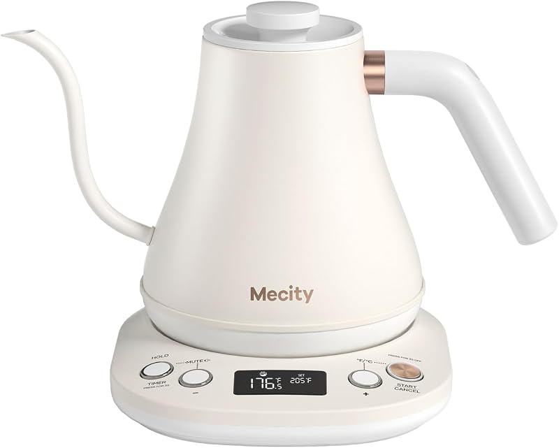 Mecity Hervidor eléctrico con cuello de cisne con función de mantener caliente y pantalla LCD Apagado automático Hervidor de café Control de temperatura Verter sobre el hervidor 1200 vatios, 0,8 L, 120 V, blanco apagado