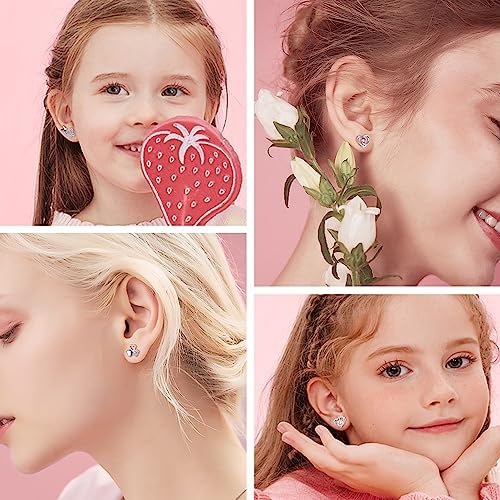 JeweBella 4 Pairs Silver Stud Earrings Set for Women Girls Hypoallergenic 925 Sterling Silver Post Heart Butterfly Earrings Set Zirconia Cute Cartilage Earrings for Kids Baby Pink/Purple