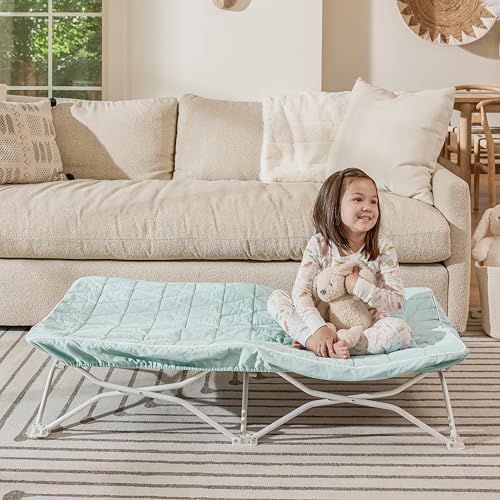 Image of Regalo My Cot Portable Toddler Bed with Fitted Sheet, Foldable Kids Travel Bed & Camping Cot, Includes Washable Quilted Sheet, 48 inch x 24.5 inch x 9 inch, Seafoam
